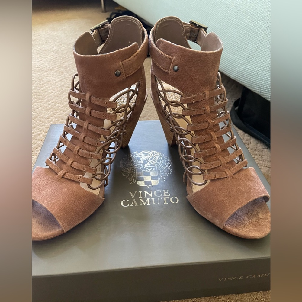 Vince Camuto | Taupe | Strappy Caged Sandals with buckle